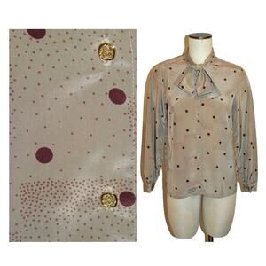 70's Taupe & Burgundy Polka Dot Bow Blouse | SMALL